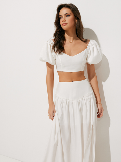 Puff Kol Crop Top Yırtmaçlı Uyluk Etek Takım