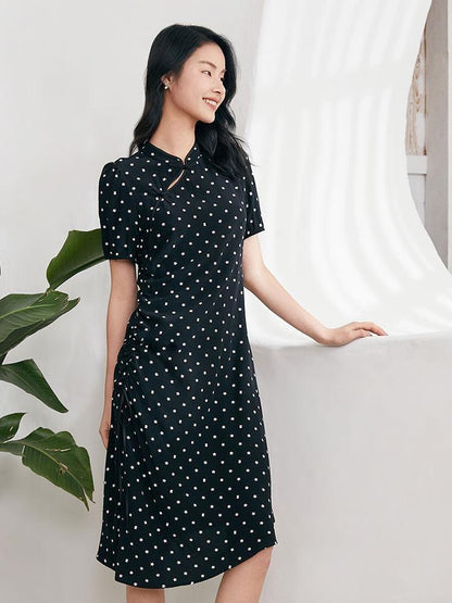 Yıldız Baskılı Asimetrik Etek Cheongsam Qipao Midi Elbise